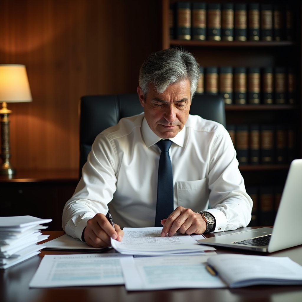 Administrative professional preparing annual balance documents for IGJ submission in an organized workspace