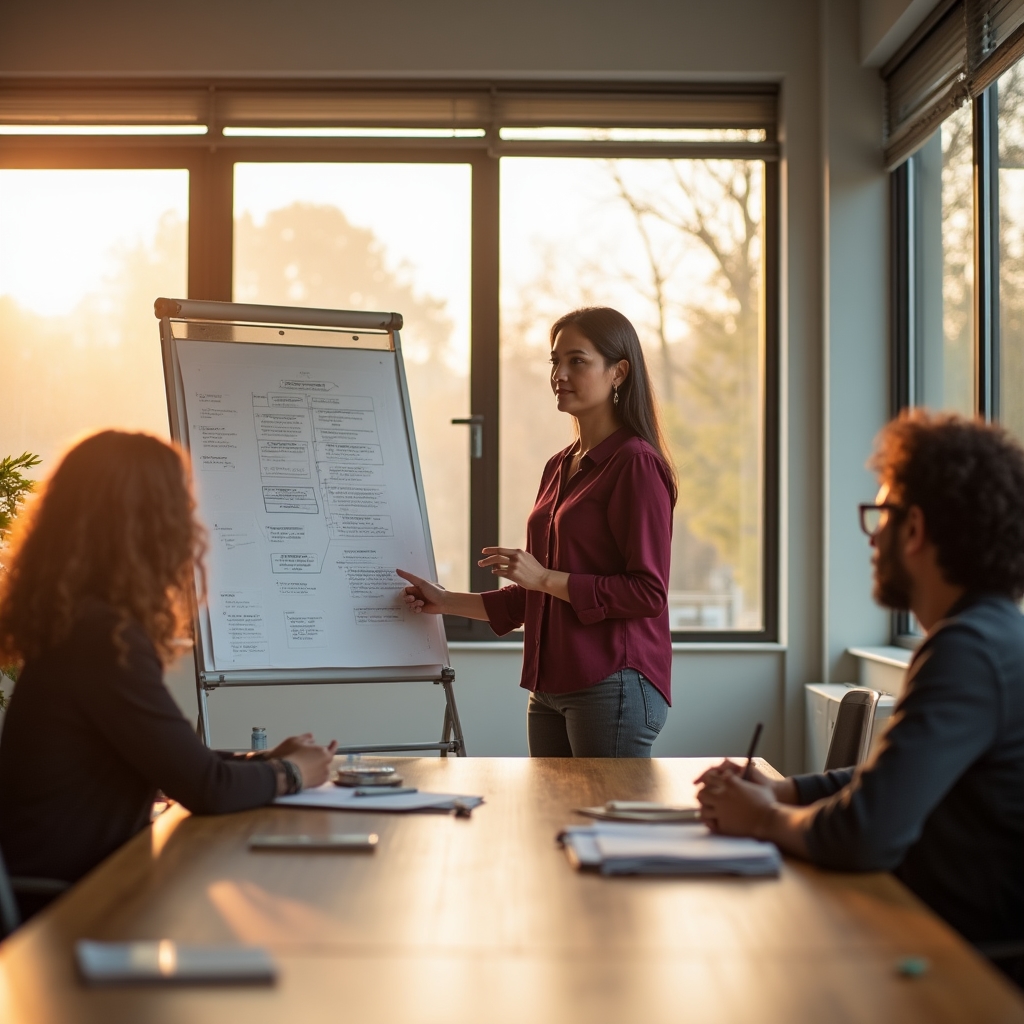 Equipo de organización sin fines de lucro en reunión de planificación, discutiendo misión y estrategia